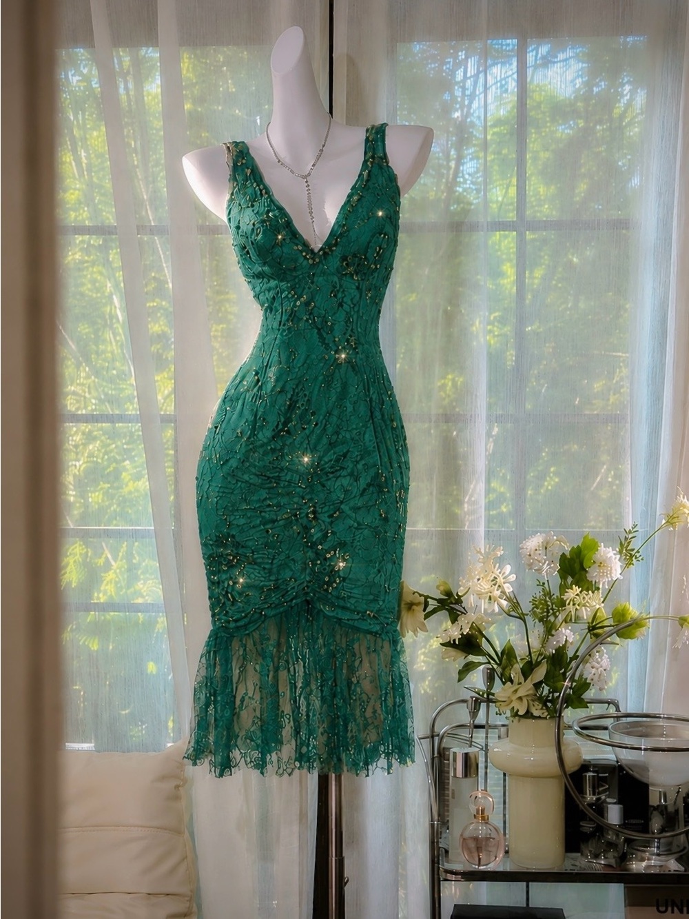 Mandalay Emerald Green Lace Cocktail Dress